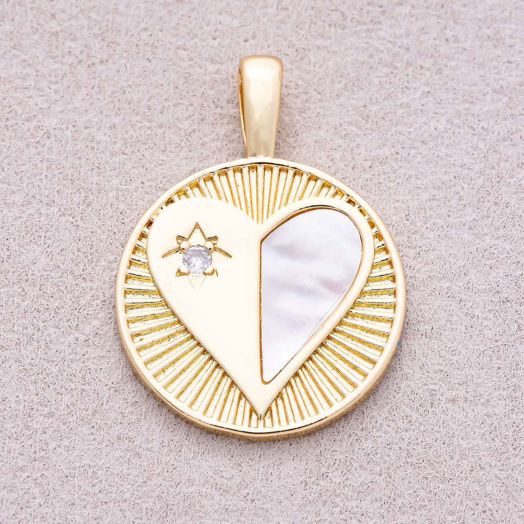 16K Gold Plated Mother of Pearl Clear CZ Heart Medallion Charm - Sold Each