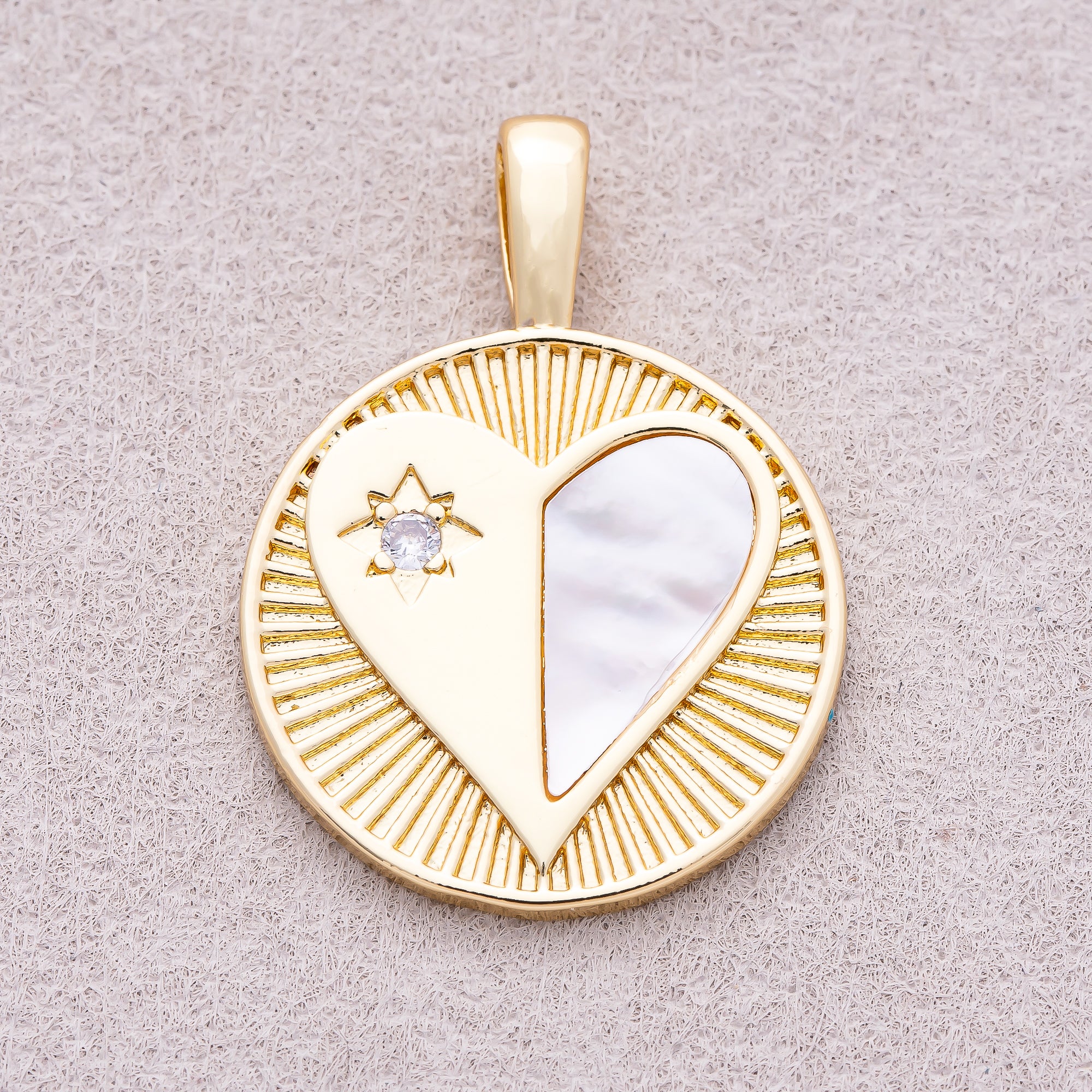 16K Gold Plated Mother of Pearl Clear CZ Heart Medallion Charm - Sold Each