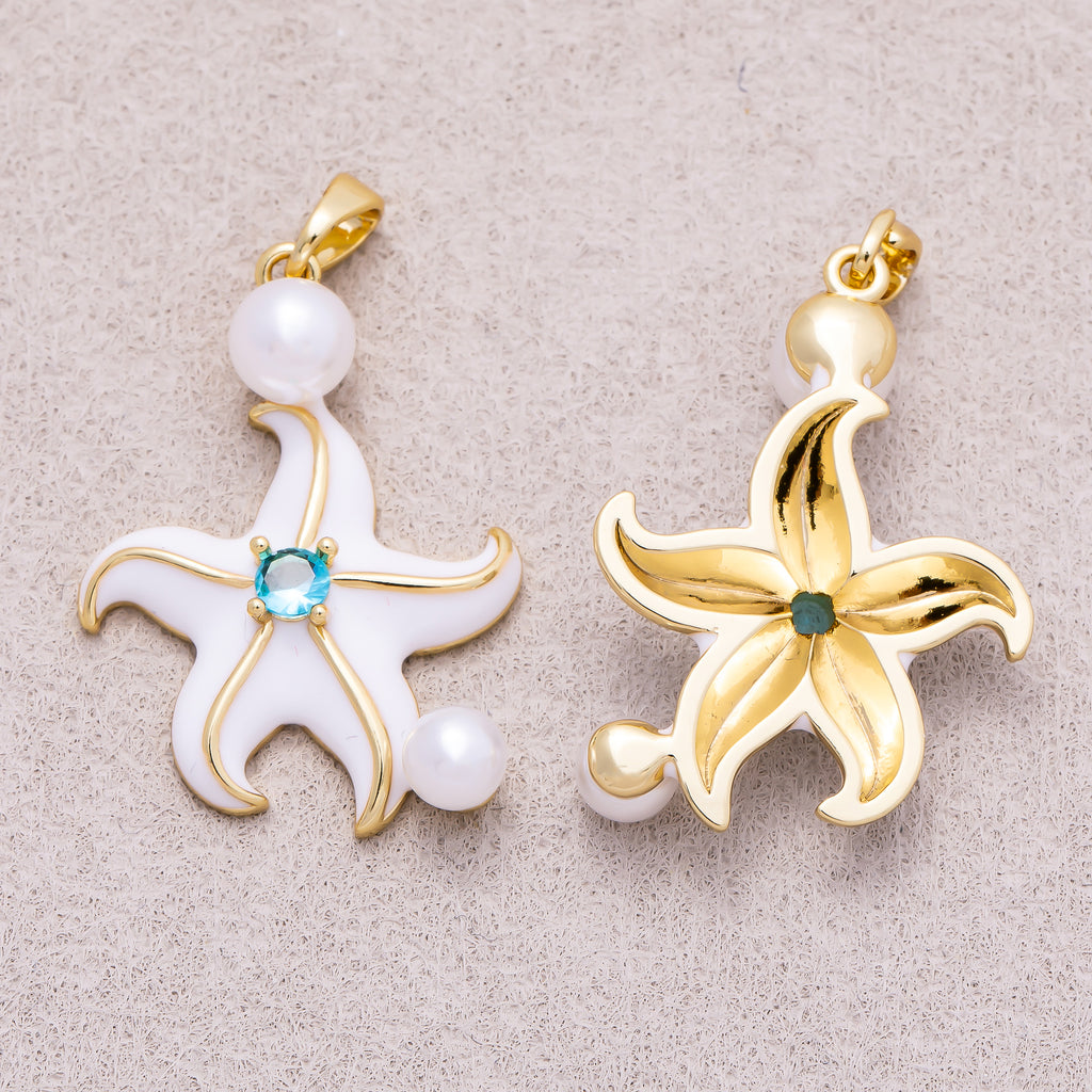 16K Gold Plated Shell Pearl Blue CZ Ocean Starfish Enamel Pendant - Sold Each