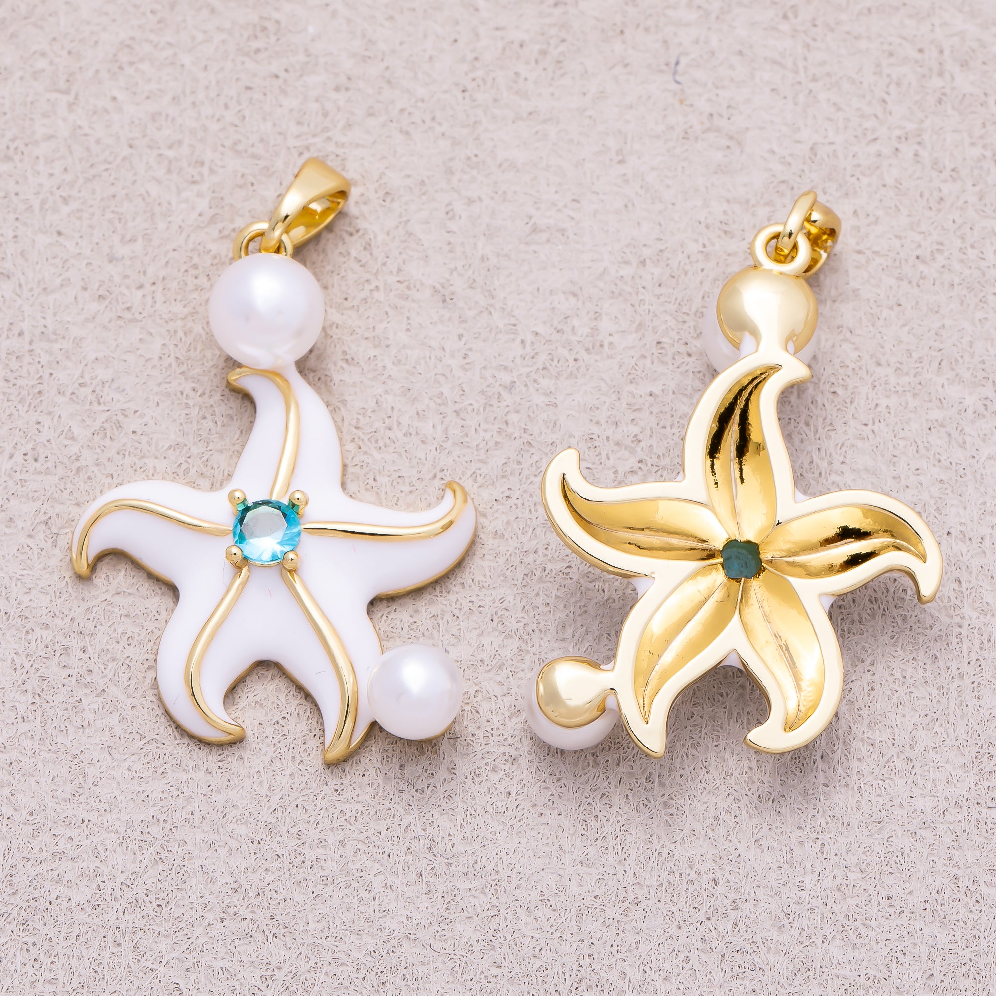 16K Gold Plated Shell Pearl Blue CZ Ocean Starfish Enamel Pendant - Sold Each