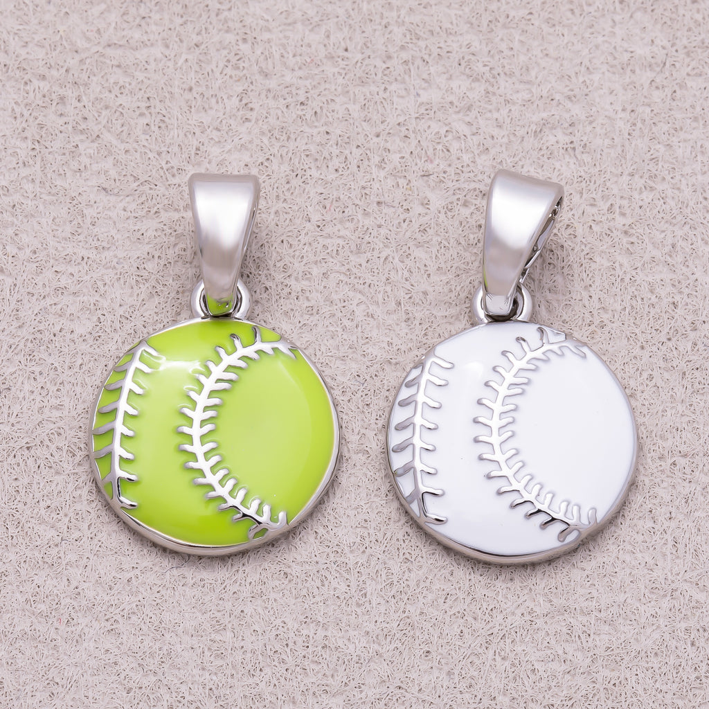 Rhodium Plated White & Green Enamel Baseball Sport Pendant - Sold Each