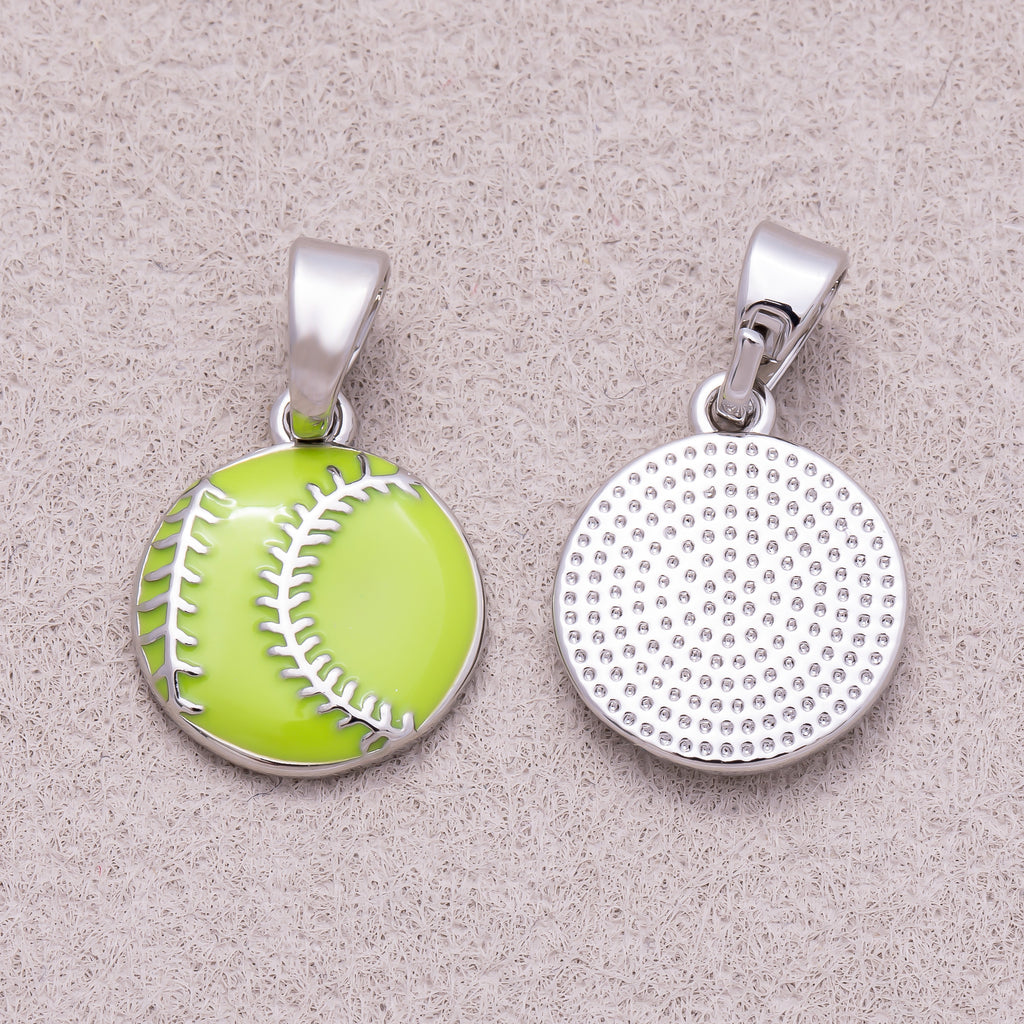 Rhodium Plated White & Green Enamel Baseball Sport Pendant - Sold Each