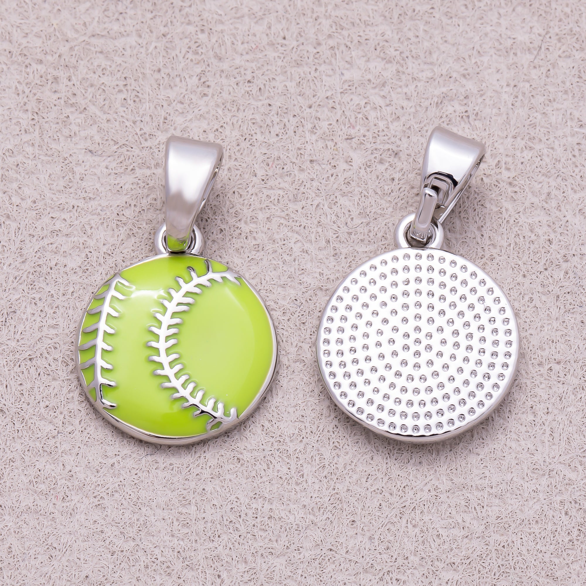 Rhodium Plated White & Green Enamel Baseball Sport Pendant - Sold Each