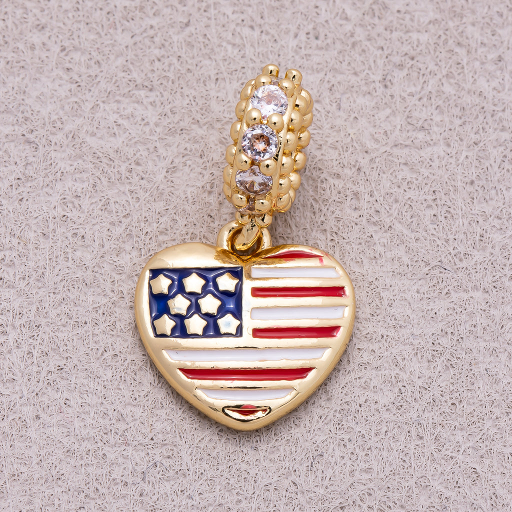 16K Gold Plated Micro Paved CZ Puffy Heart USA Flag Enamel Pendant - Sold Each