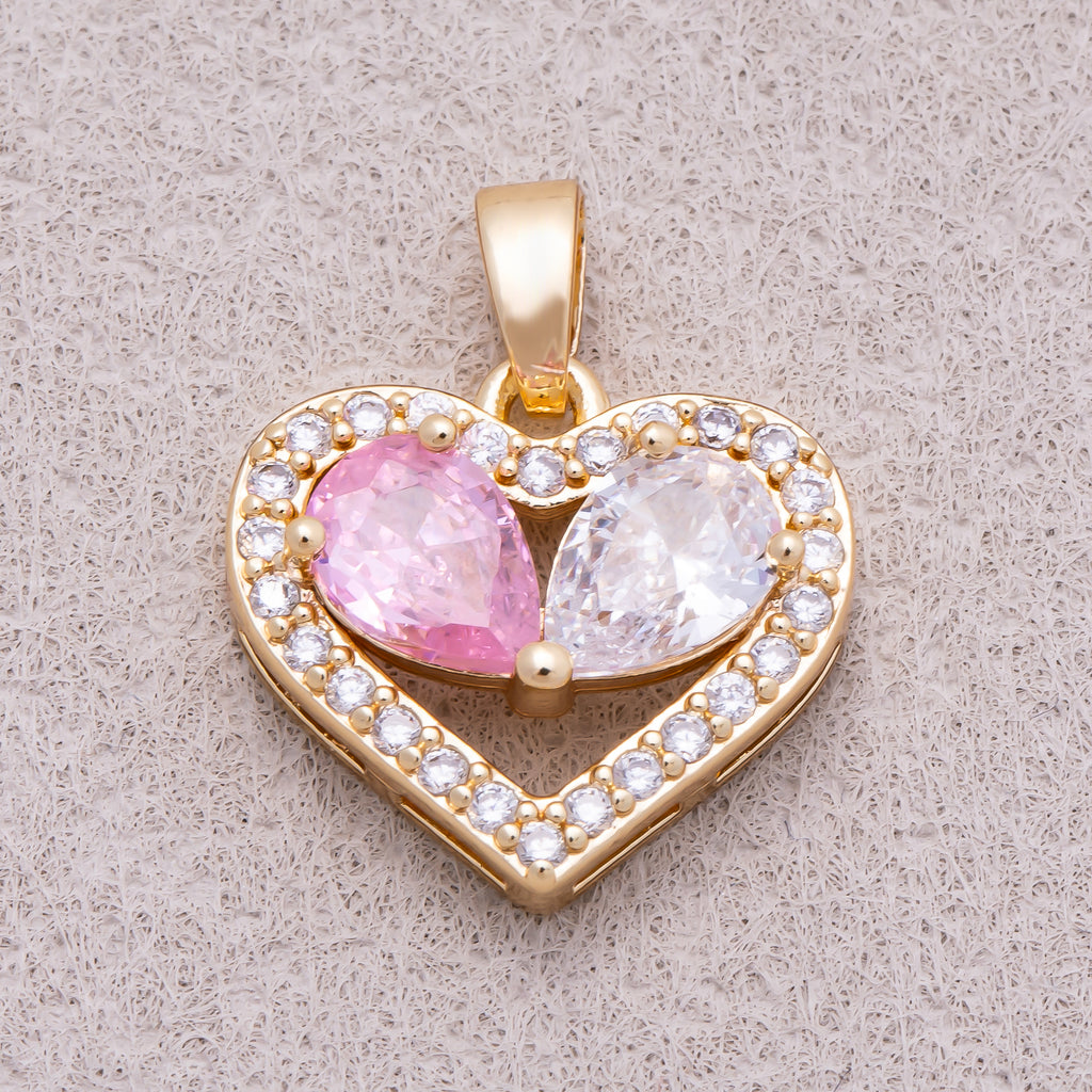 16K Gold Plated Pink Clear Teardrop CZ Round Beaded Love Heart Pendant - Sold Each