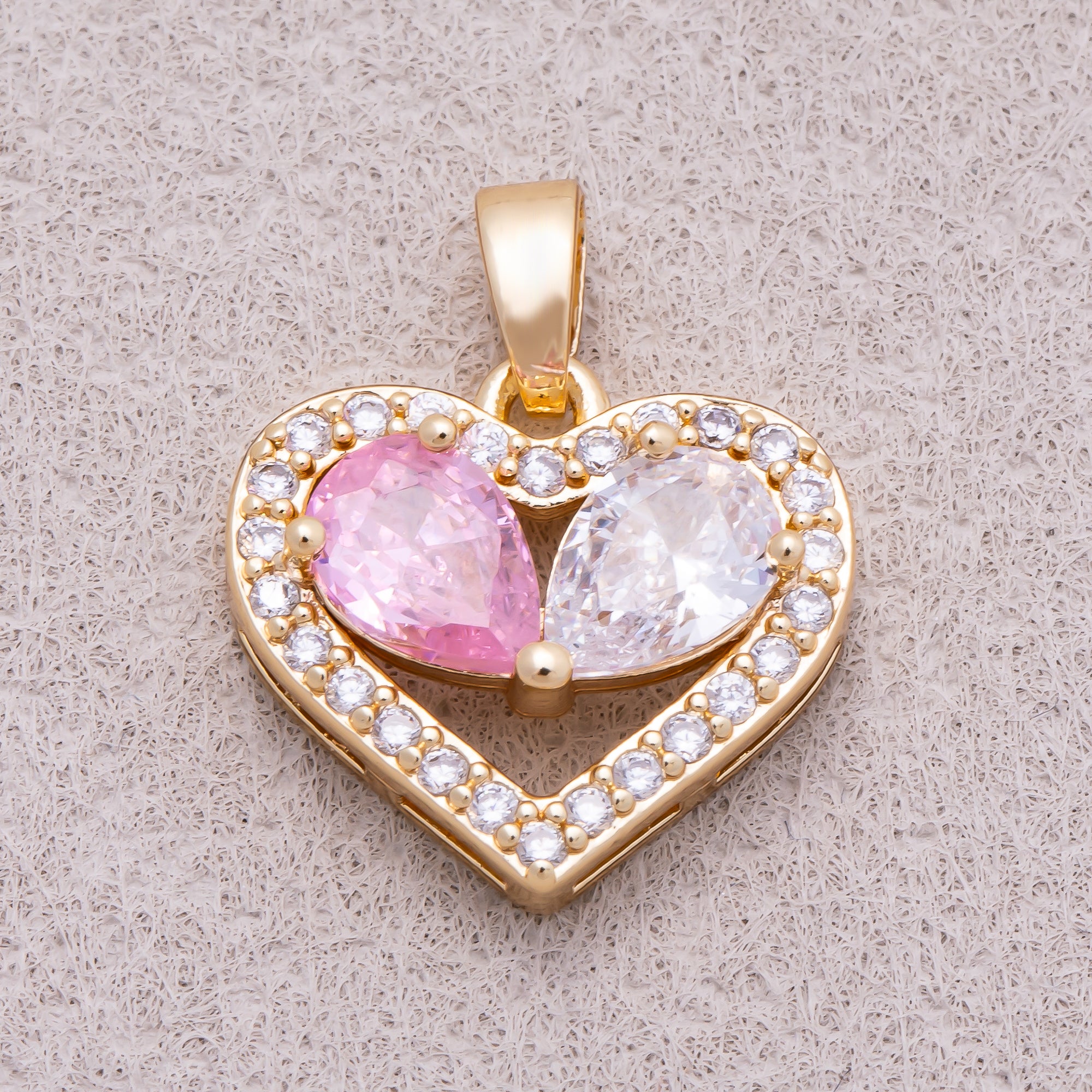 16K Gold Plated Pink Clear Teardrop CZ Round Beaded Love Heart Pendant - Sold Each