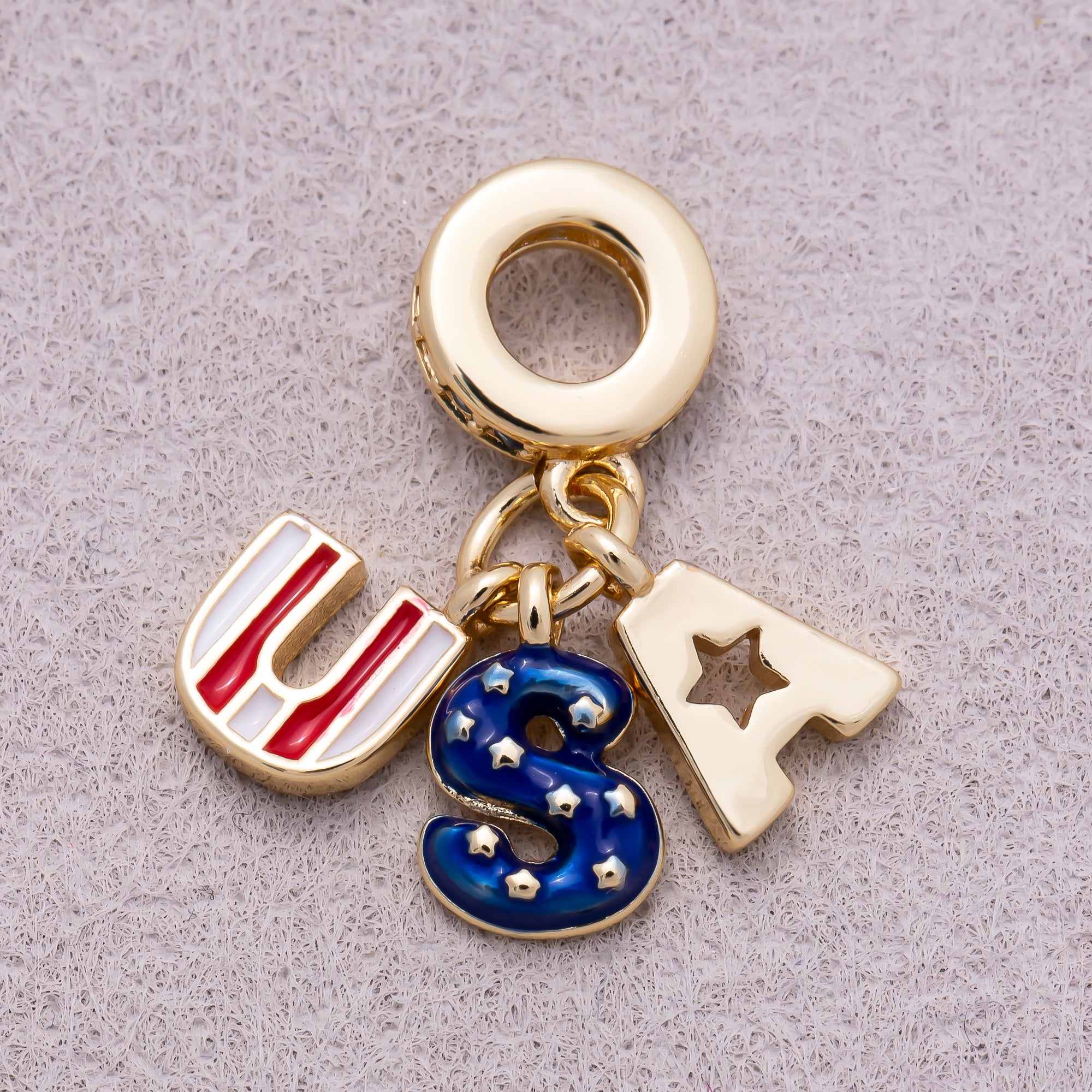16K Gold Plated Clear CZ Letter USA Flag Enamel Pendant - Sold Each