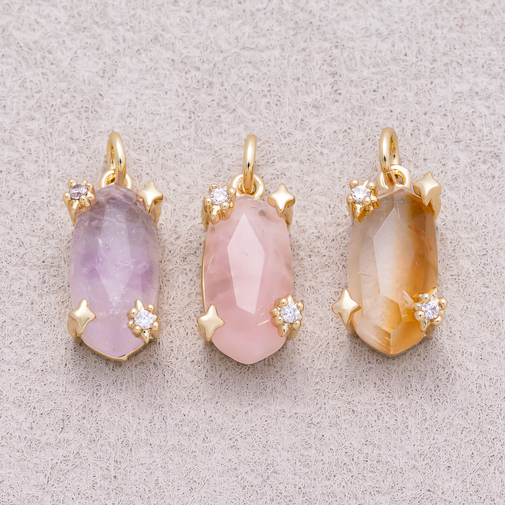 16K Gold Plated Faceted Natural Gemstone with Celestial Star Rectangular Pendant - Sold Each