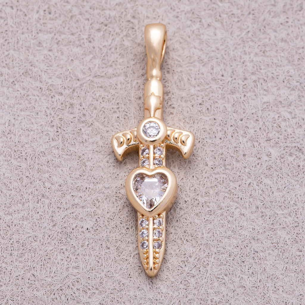 16K Gold Plated Heart CZ Religious Cross Sword Pendant - Sold Each
