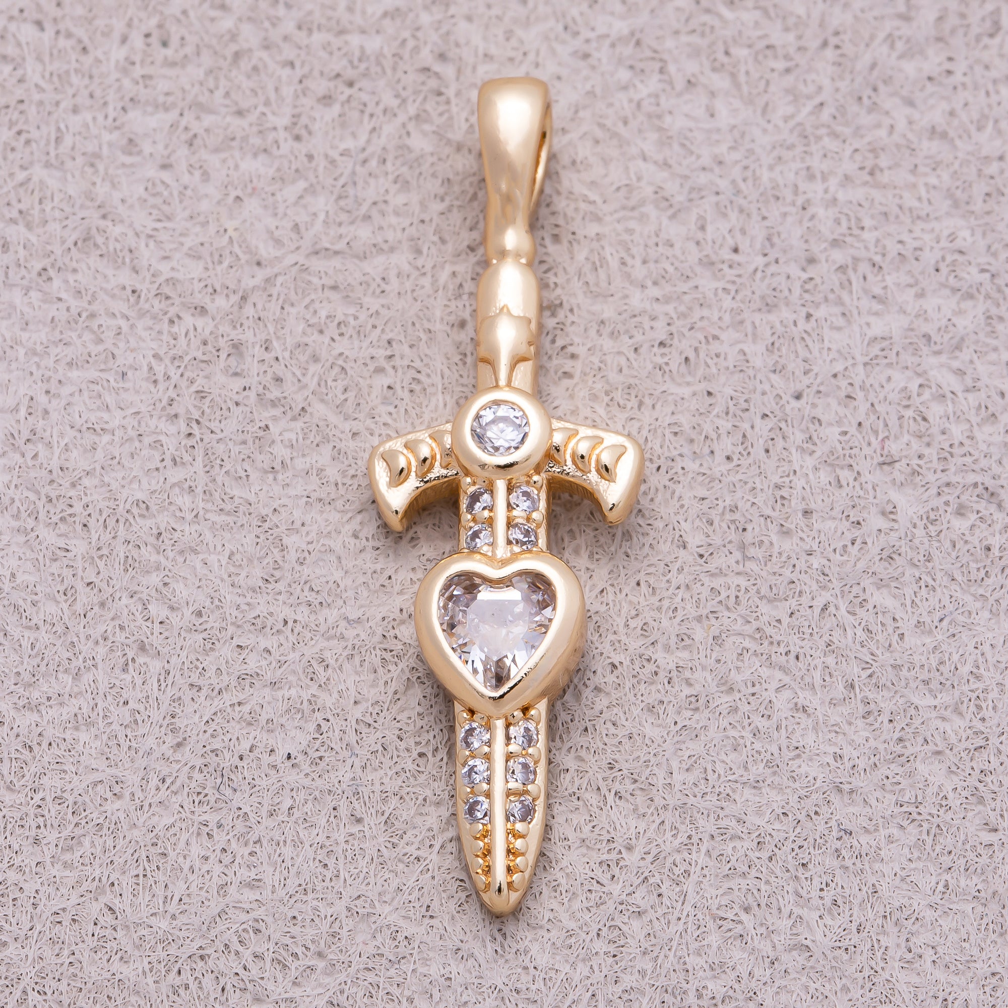 16K Gold Plated Heart CZ Religious Cross Sword Pendant - Sold Each