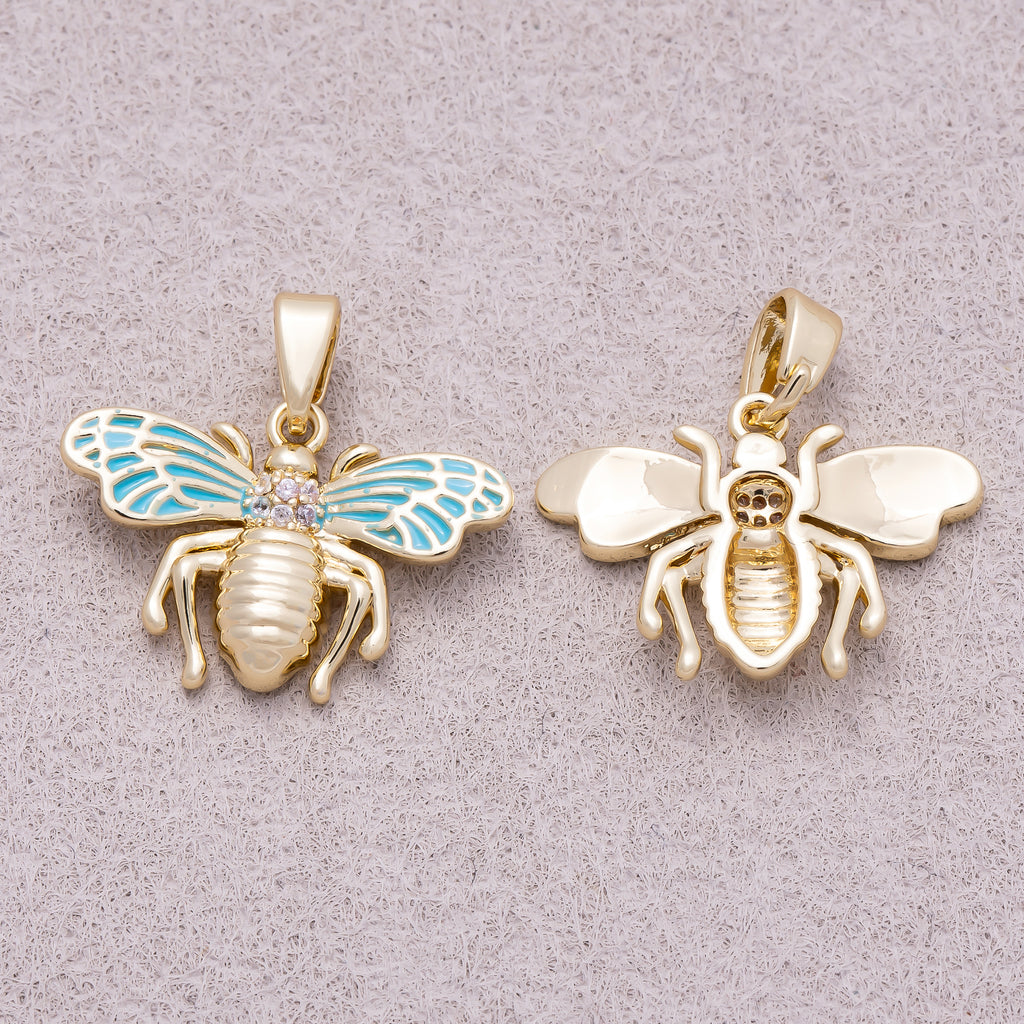16K Gold Plated Clear CZ Blue Enamel Bumble Bee Animal Pendant - Sold Each