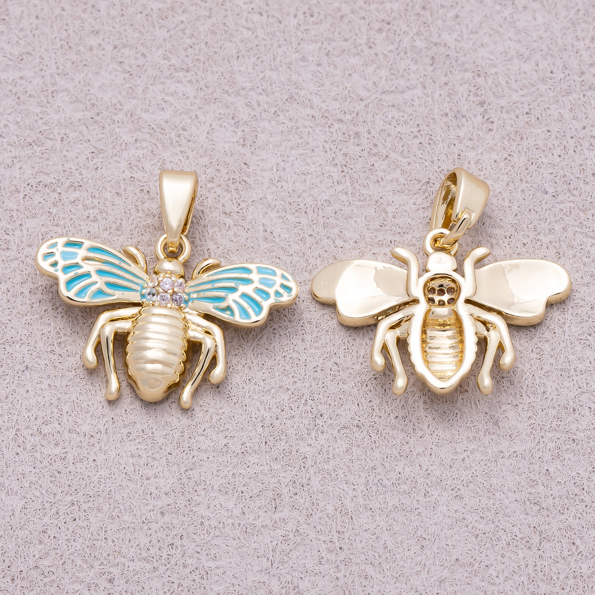16K Gold Plated Clear CZ Blue Enamel Bumble Bee Animal Pendant - Sold Each