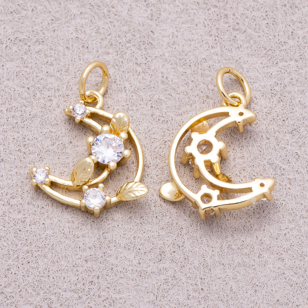 16K Gold Plated Clear CZ Celestial Open Crescent Moon Charm - Sold Each