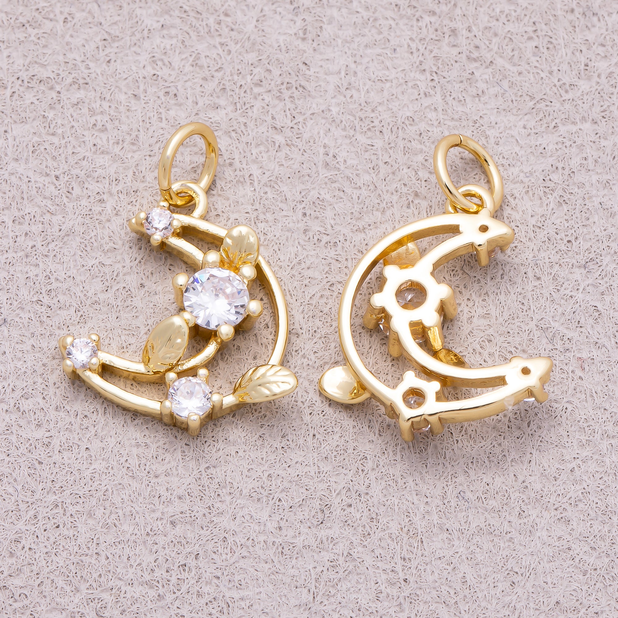 16K Gold Plated Clear CZ Celestial Open Crescent Moon Charm - Sold Each