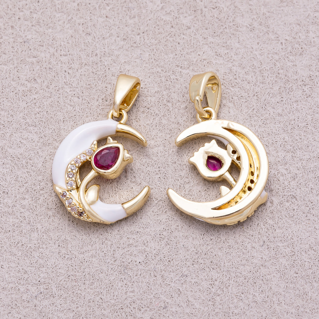16K Gold Plated Micro Paved CZ Flower Crescent Moon White Enamel Pendant - Sold Each