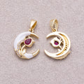 16K Gold Plated Micro Paved CZ Flower Crescent Moon White Enamel Pendant - Sold Each
