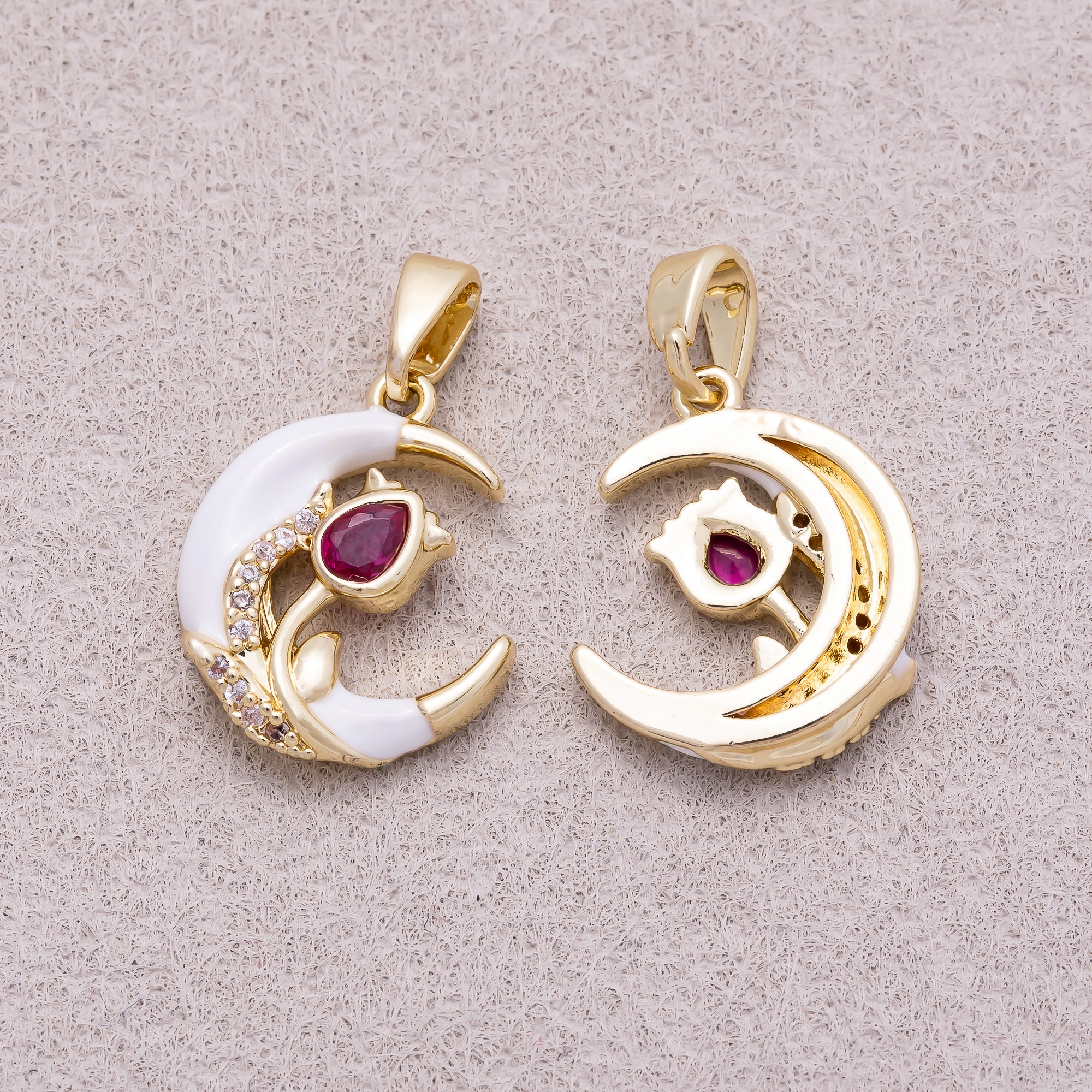 16K Gold Plated Micro Paved CZ Flower Crescent Moon White Enamel Pendant - Sold Each