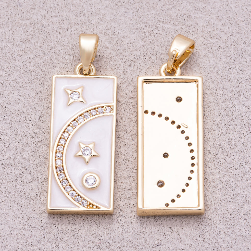 16K Gold Plated Clear CZ White Enamel Celestial Moon and Star Rectangular Tag Pendant - Sold Each
