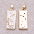 16K Gold Plated Clear CZ White Enamel Celestial Moon and Star Rectangular Tag Pendant - Sold Each