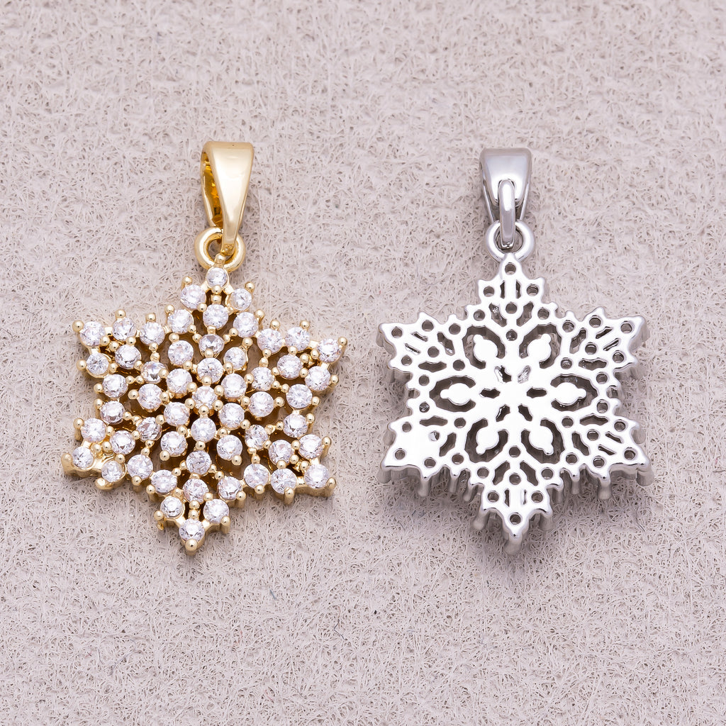 16K Gold Plated Micro Paved CZ Winter Snowflakes Pendant - Sold Each