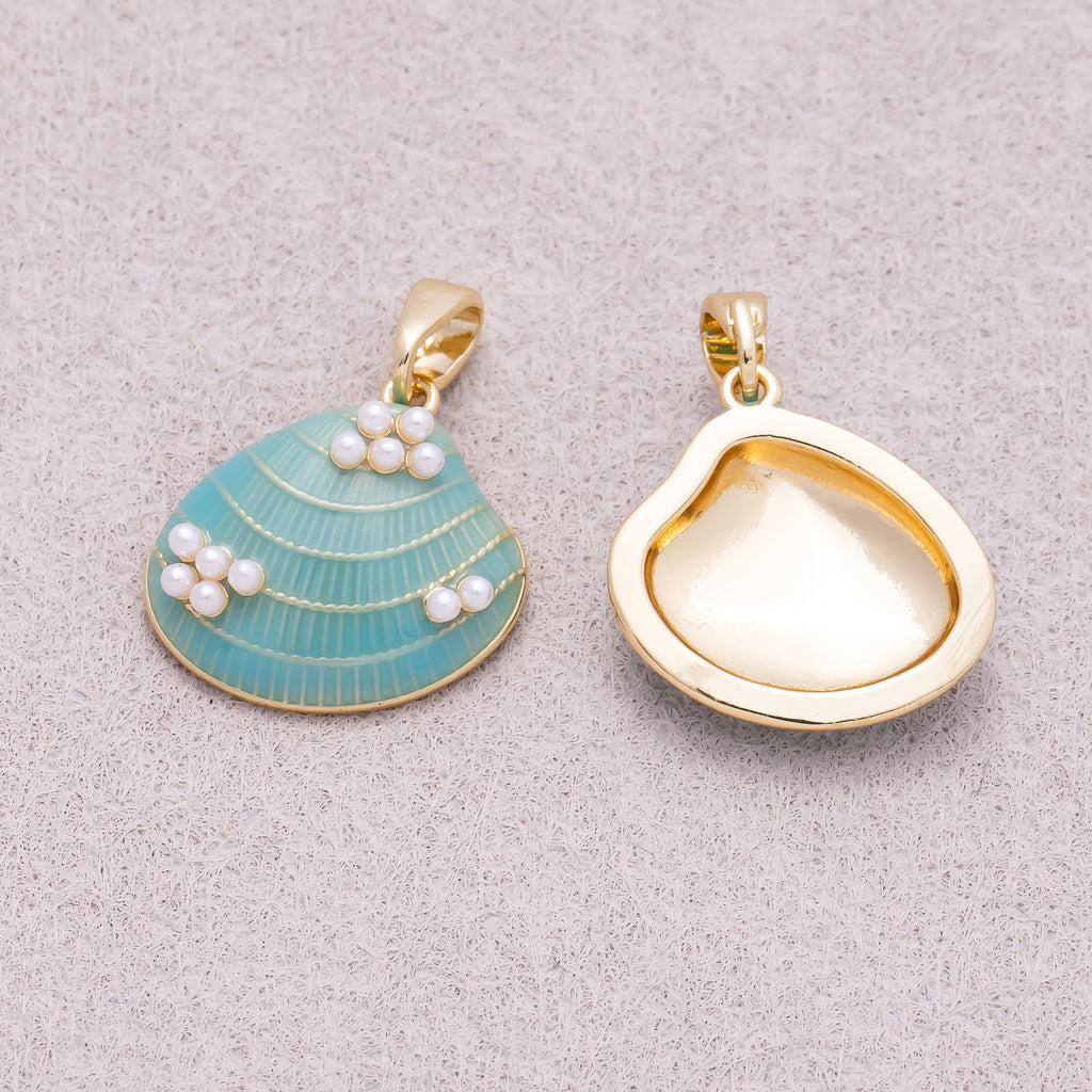 16K Gold Shell Pearl Blue Turquoise Ocean Seashell Enamel Pendant - Sold Each