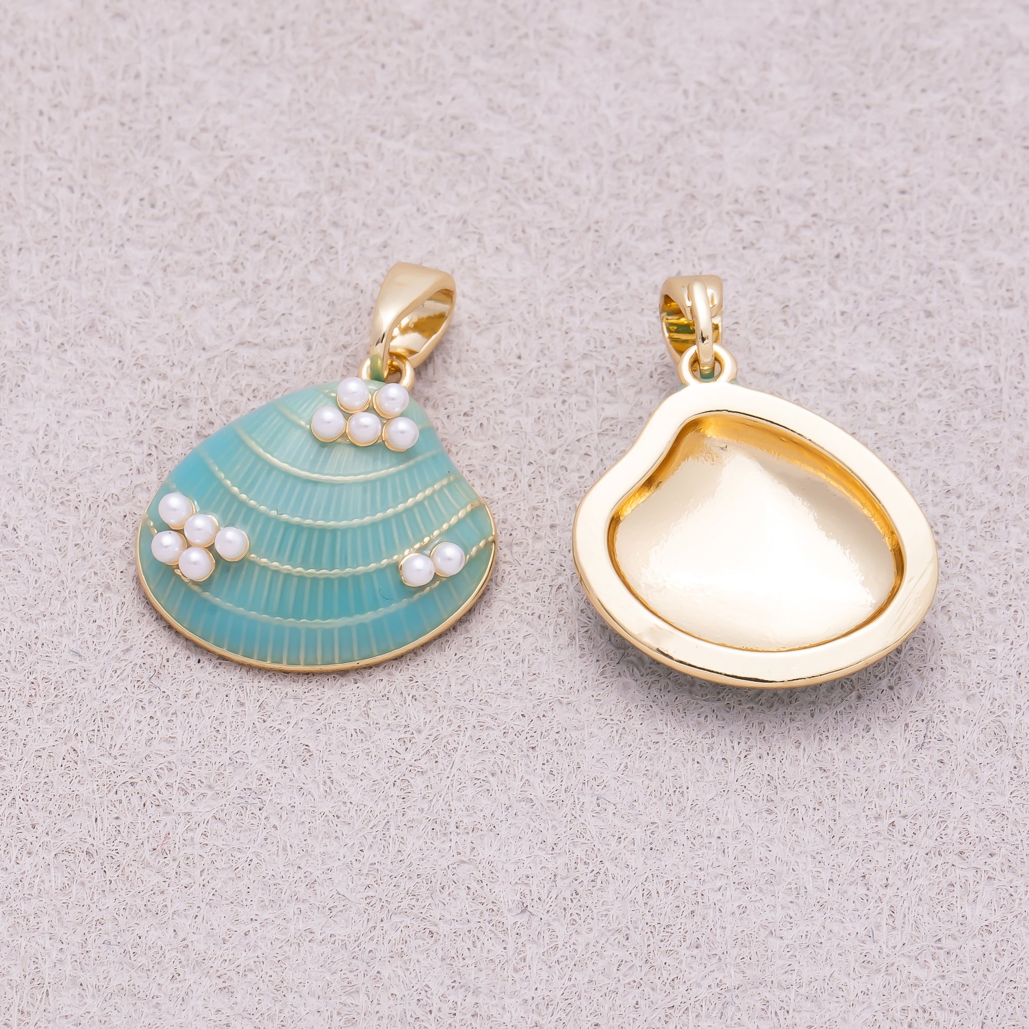 16K Gold Shell Pearl Blue Turquoise Ocean Seashell Enamel Pendant - Sold Each