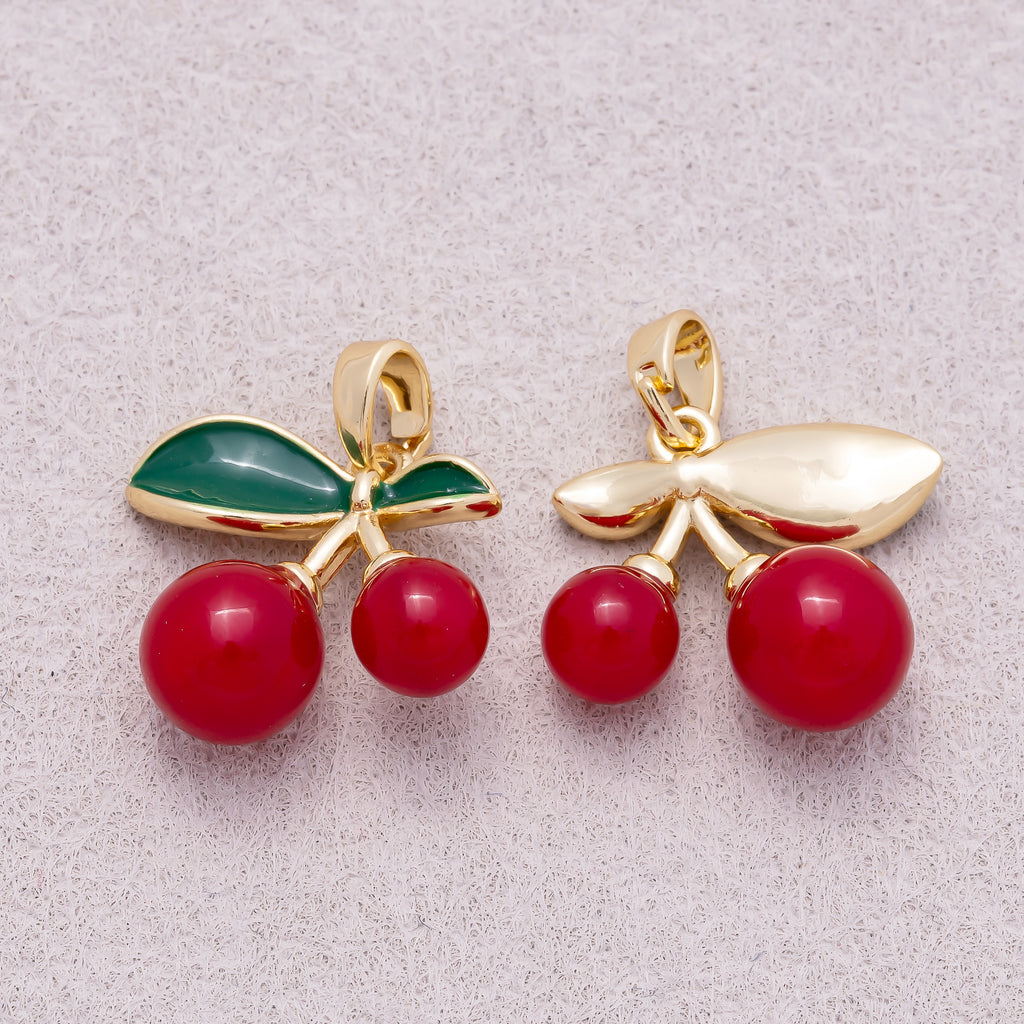 16K Gold Plated Red Enamel Cherry Fruit Pendant - Sold Each