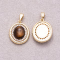 16K Gold Plated Micro Paved CZ Tiger Eye Natural Gemstone Bezel Rope Pendant - Sold Each