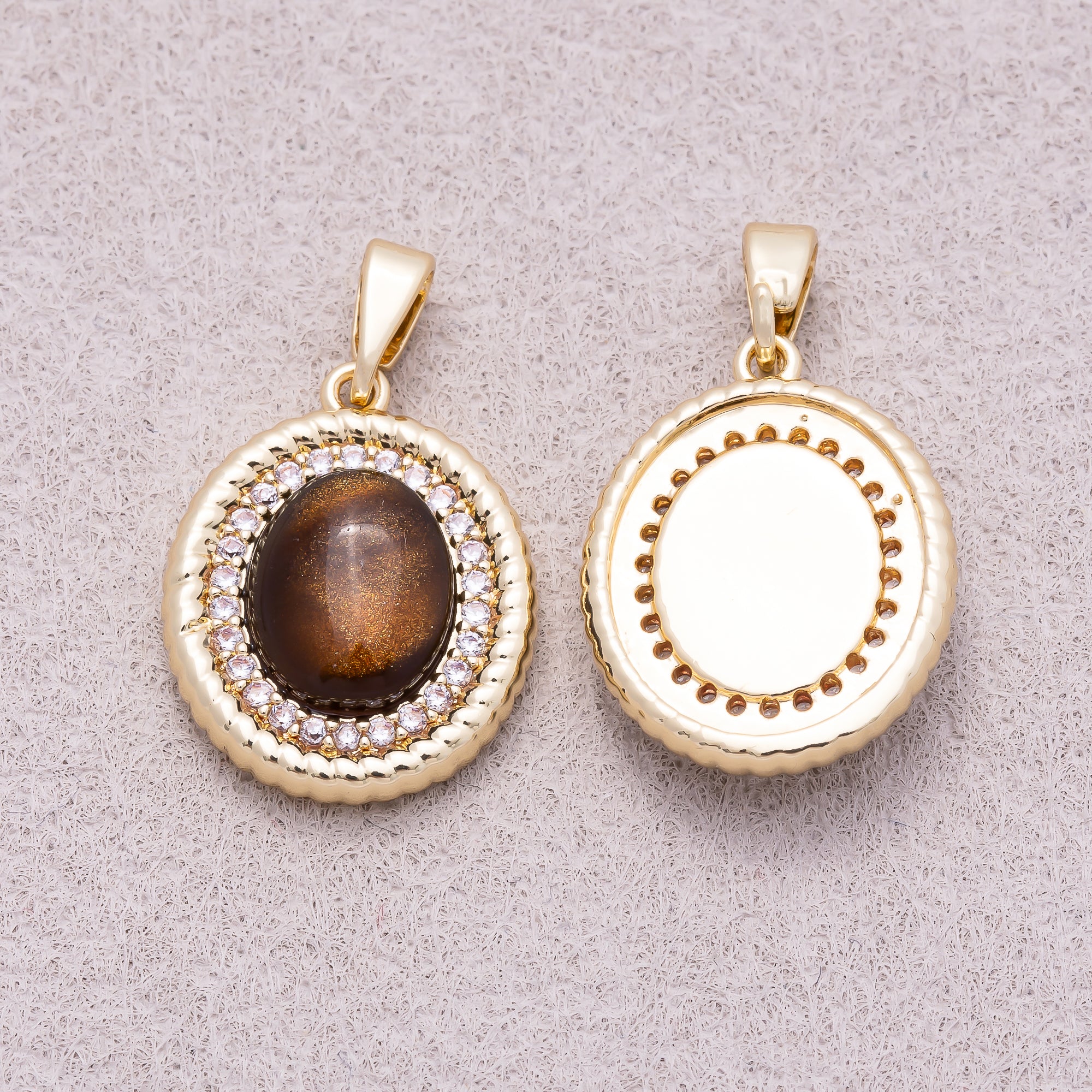 16K Gold Plated Micro Paved CZ Tiger Eye Natural Gemstone Bezel Rope Pendant - Sold Each