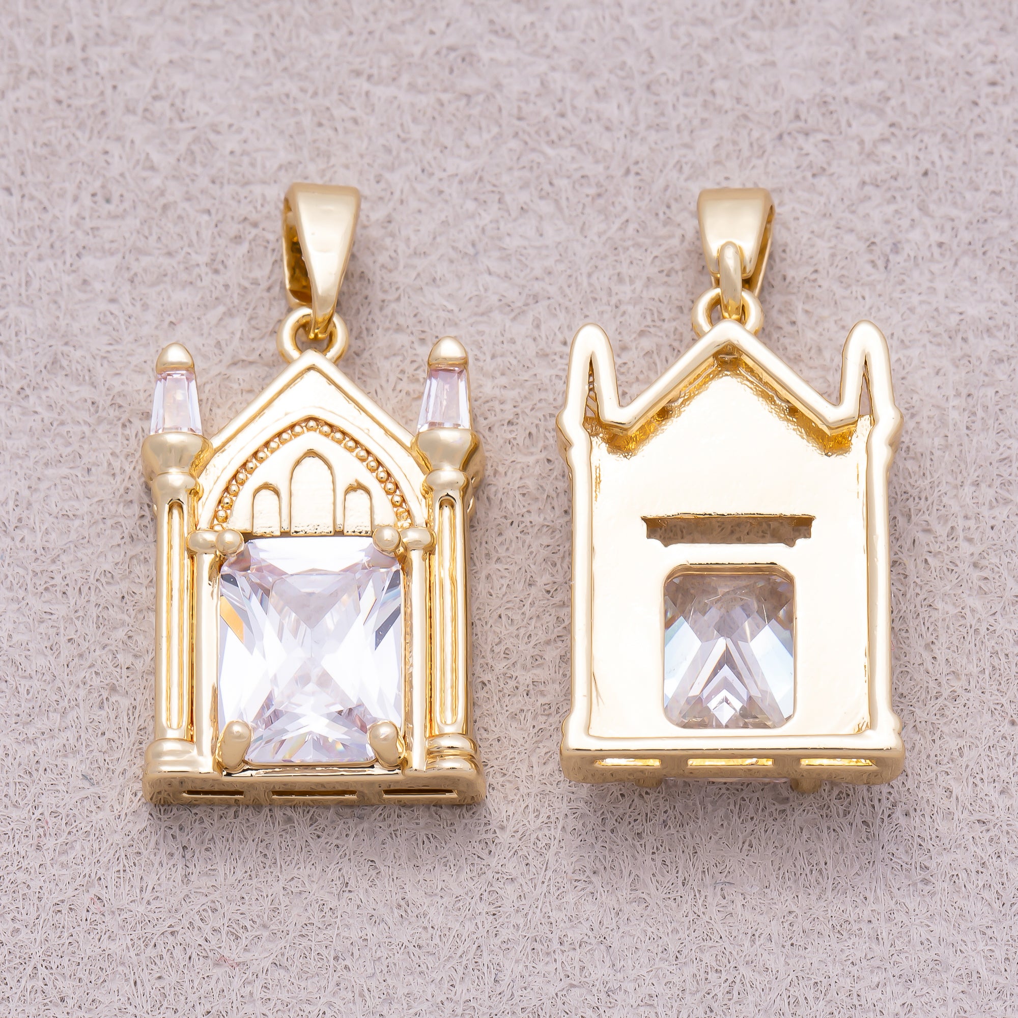 16K Gold Plated Clear CZ Architectural Vintage Church Pendant - Sold Each