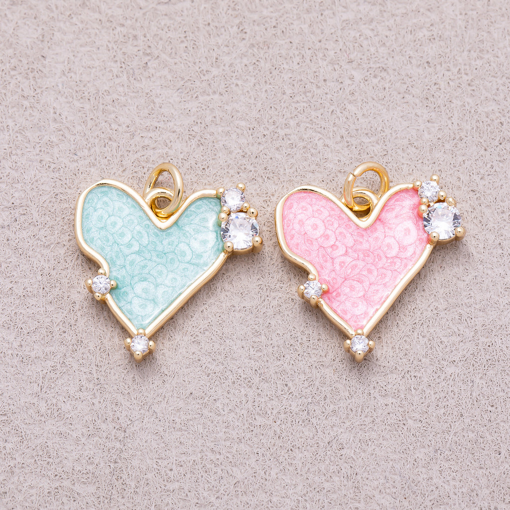 16K Gold Plated Pink & Blue Solitaire CZ Mother of Pearl Love Heart Charm - Sold Each