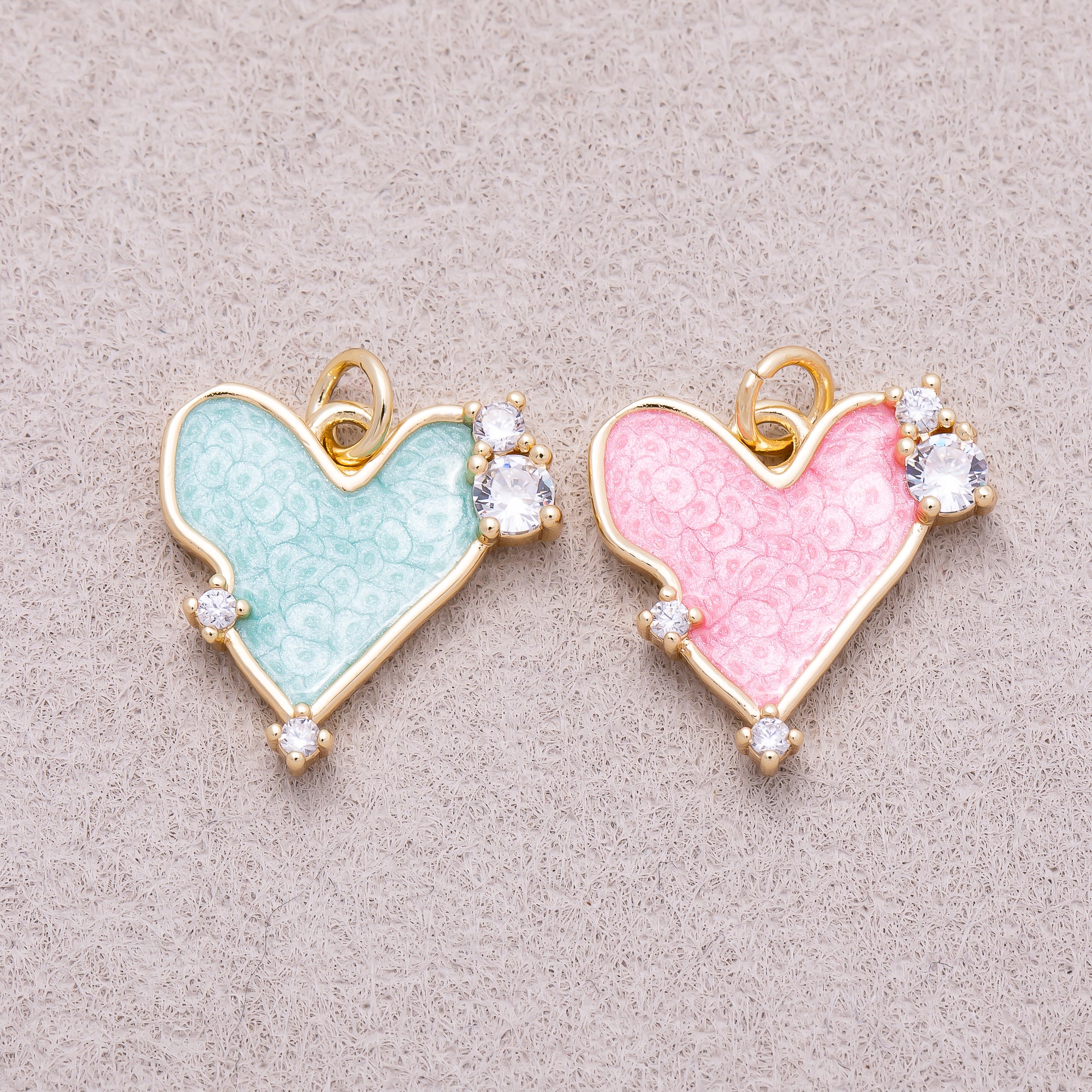 16K Gold Plated Pink & Blue Solitaire CZ Mother of Pearl Love Heart Charm - Sold Each
