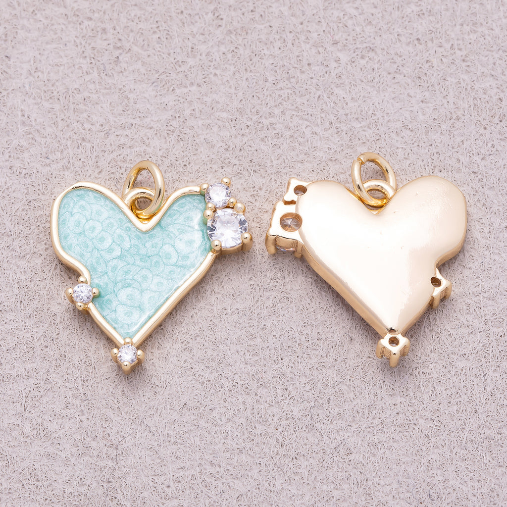 16K Gold Plated Pink & Blue Solitaire CZ Mother of Pearl Love Heart Charm - Sold Each