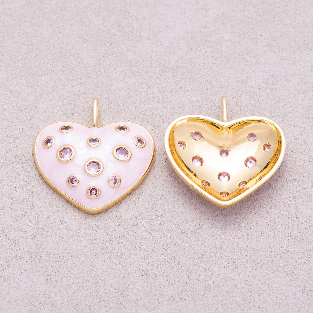 16K Gold Plated Pink CZ Mother of Pearl Chubby Love Heart Pendant - Sold Each