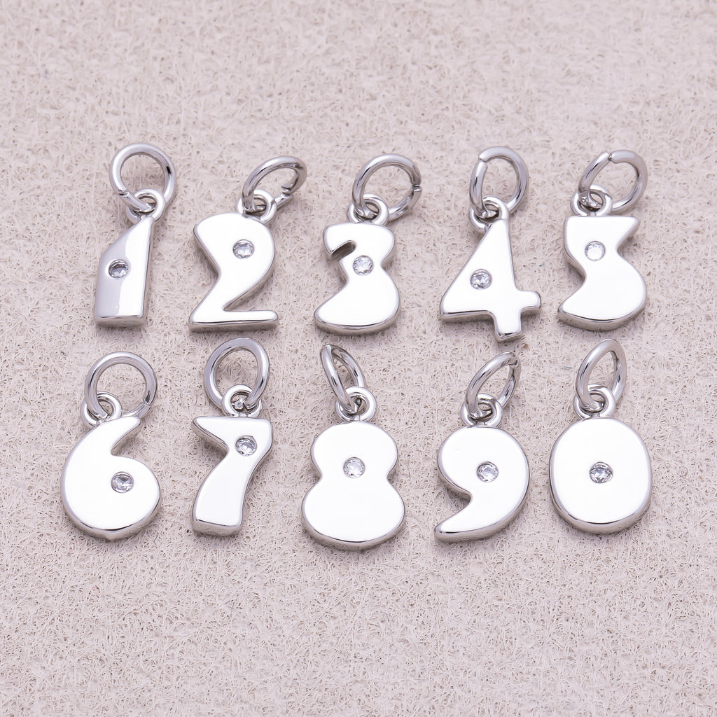 Rhodium Plated Solitaire CZ Puffy Balloon Number Charm (0-9) - Sold Each