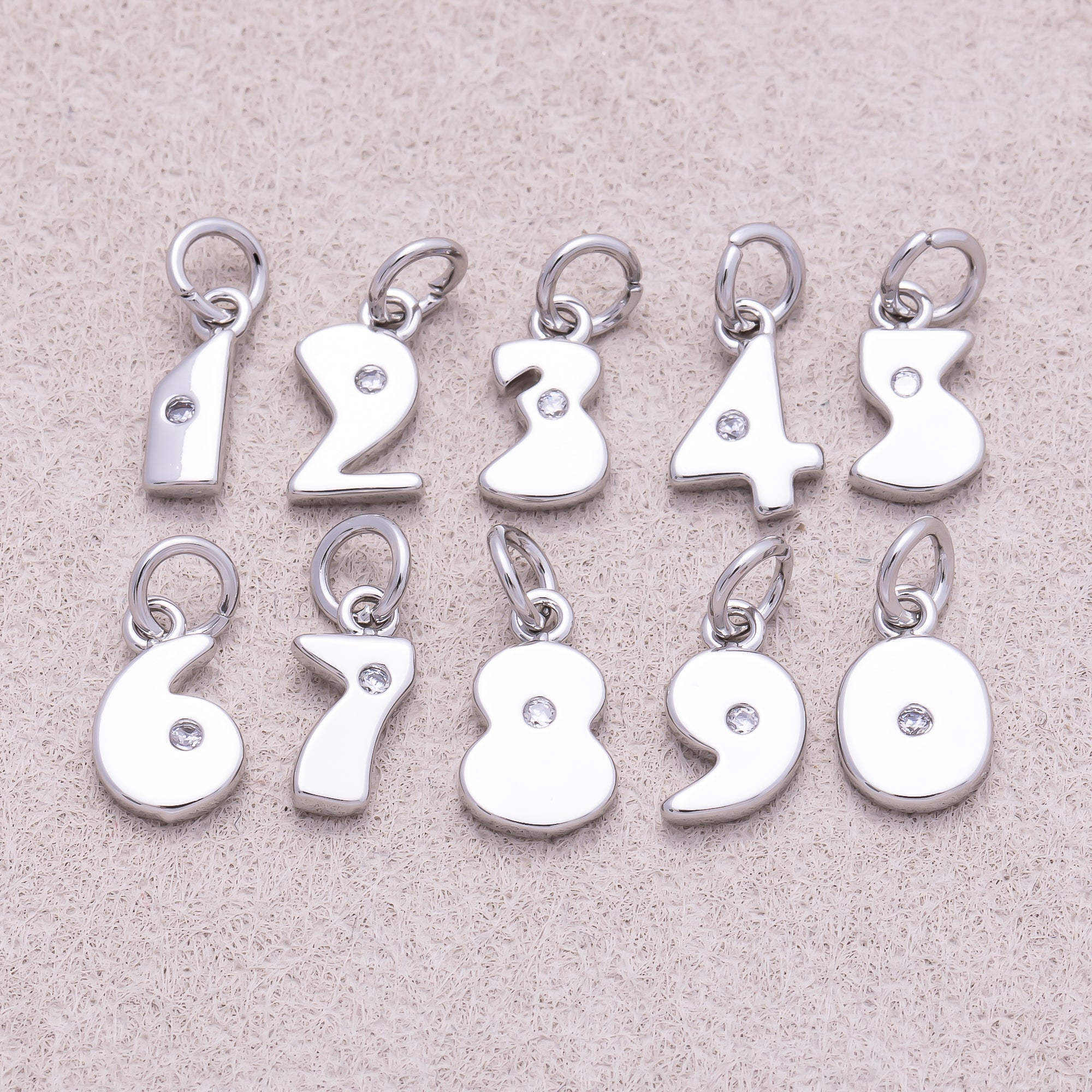 Rhodium Plated Solitaire CZ Puffy Balloon Number Charm (0-9) - Sold Each