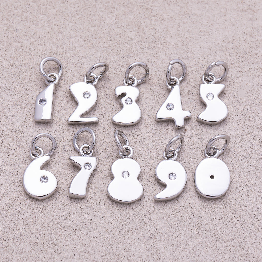 Rhodium Plated Solitaire CZ Puffy Balloon Number Charm (0-9) - Sold Each