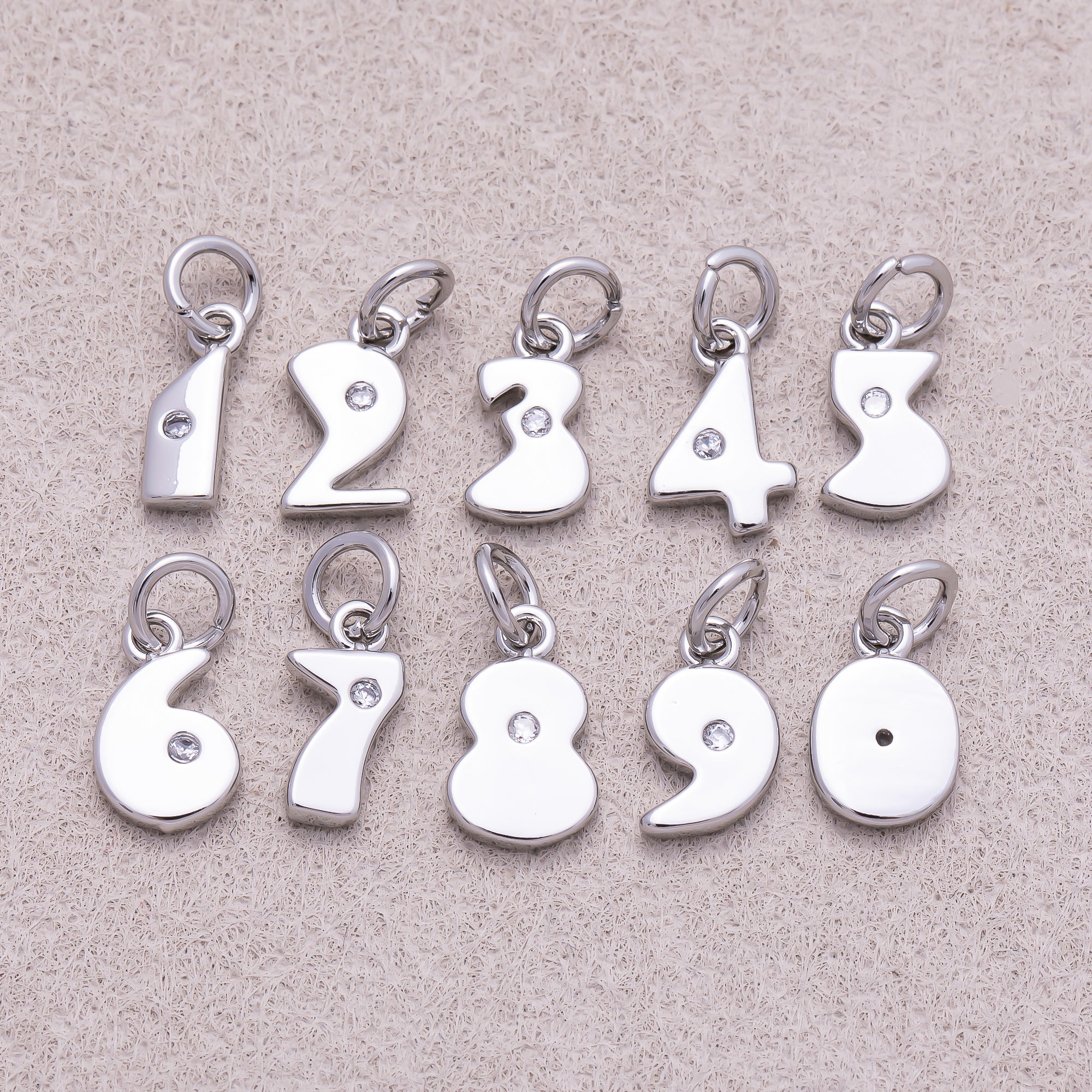 Rhodium Plated Solitaire CZ Puffy Balloon Number Charm (0-9) - Sold Each