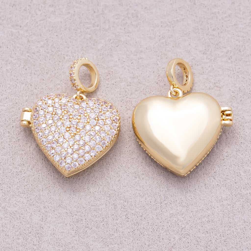 16K Gold Plated Micro Paved CZ Love Heart Open Locket Slider Pendant - Sold Each