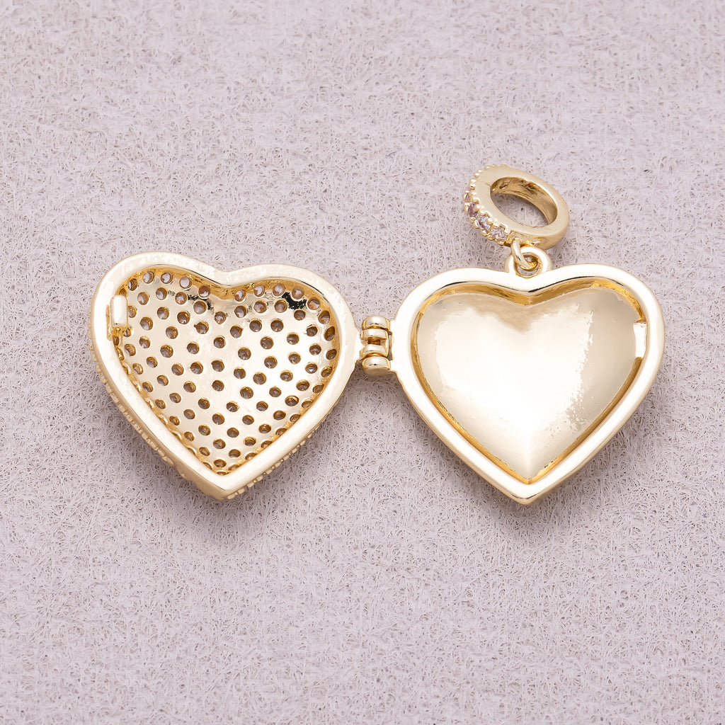 16K Gold Plated Micro Paved CZ Love Heart Open Locket Slider Pendant - Sold Each