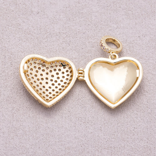 16K Gold Plated Micro Paved CZ Love Heart Open Locket Slider Pendant - Sold Each