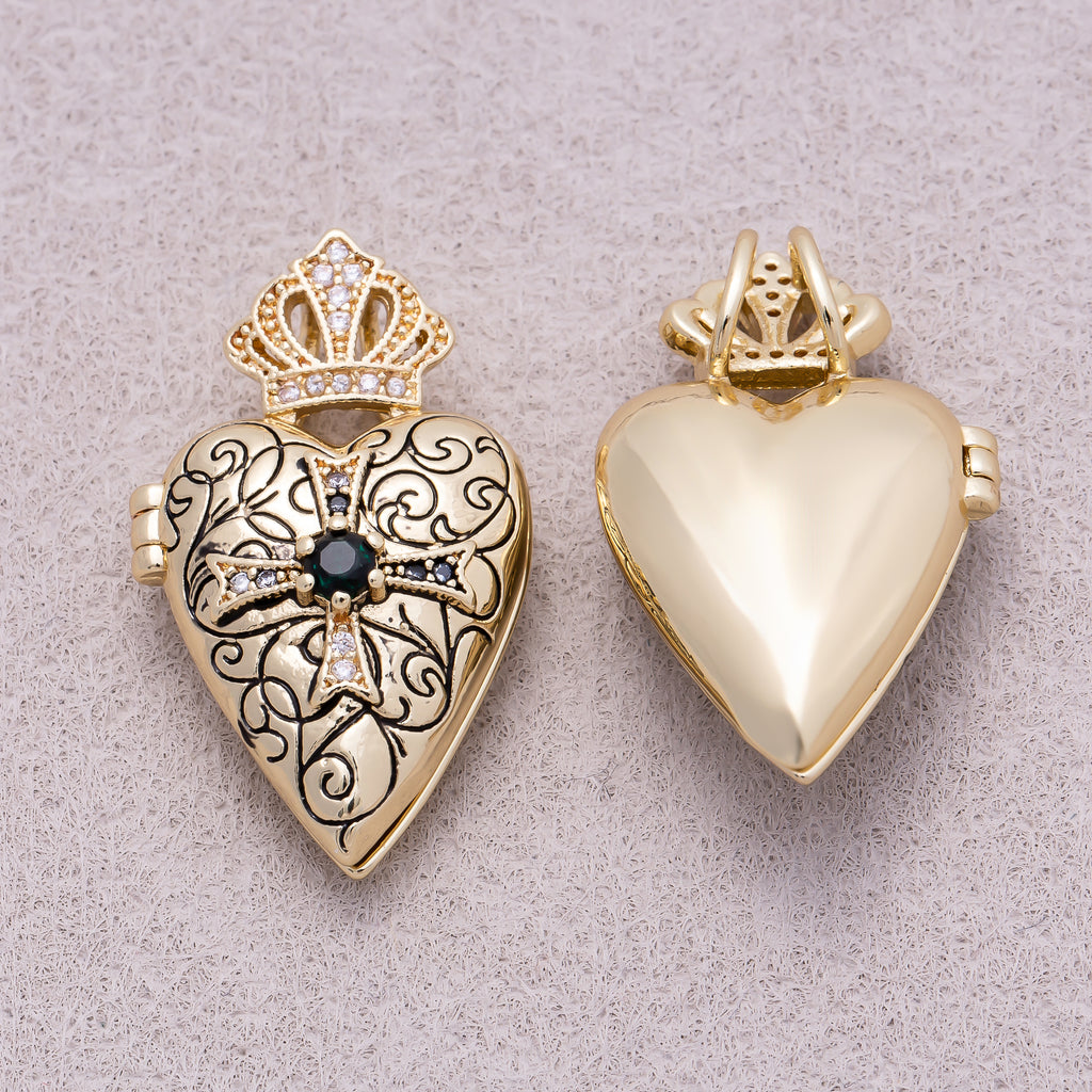 16K Gold Plated Emerald CZ Gothic Ornate Cross Heart Open Locket Pendant - Sold Each