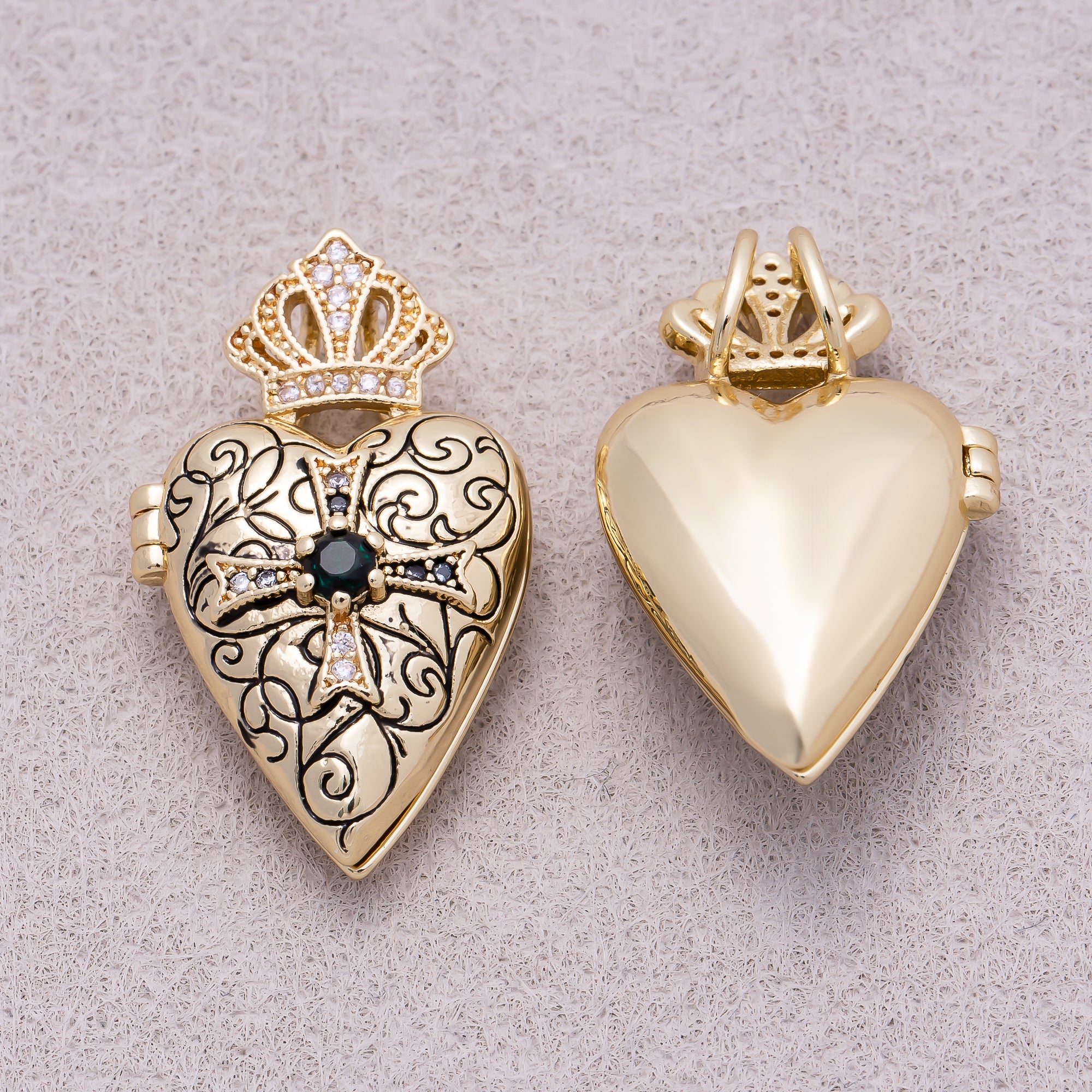 16K Gold Plated Emerald CZ Gothic Ornate Cross Heart Open Locket Pendant - Sold Each