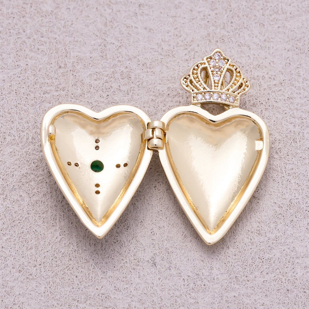 16K Gold Plated Emerald CZ Gothic Ornate Cross Heart Open Locket Pendant - Sold Each