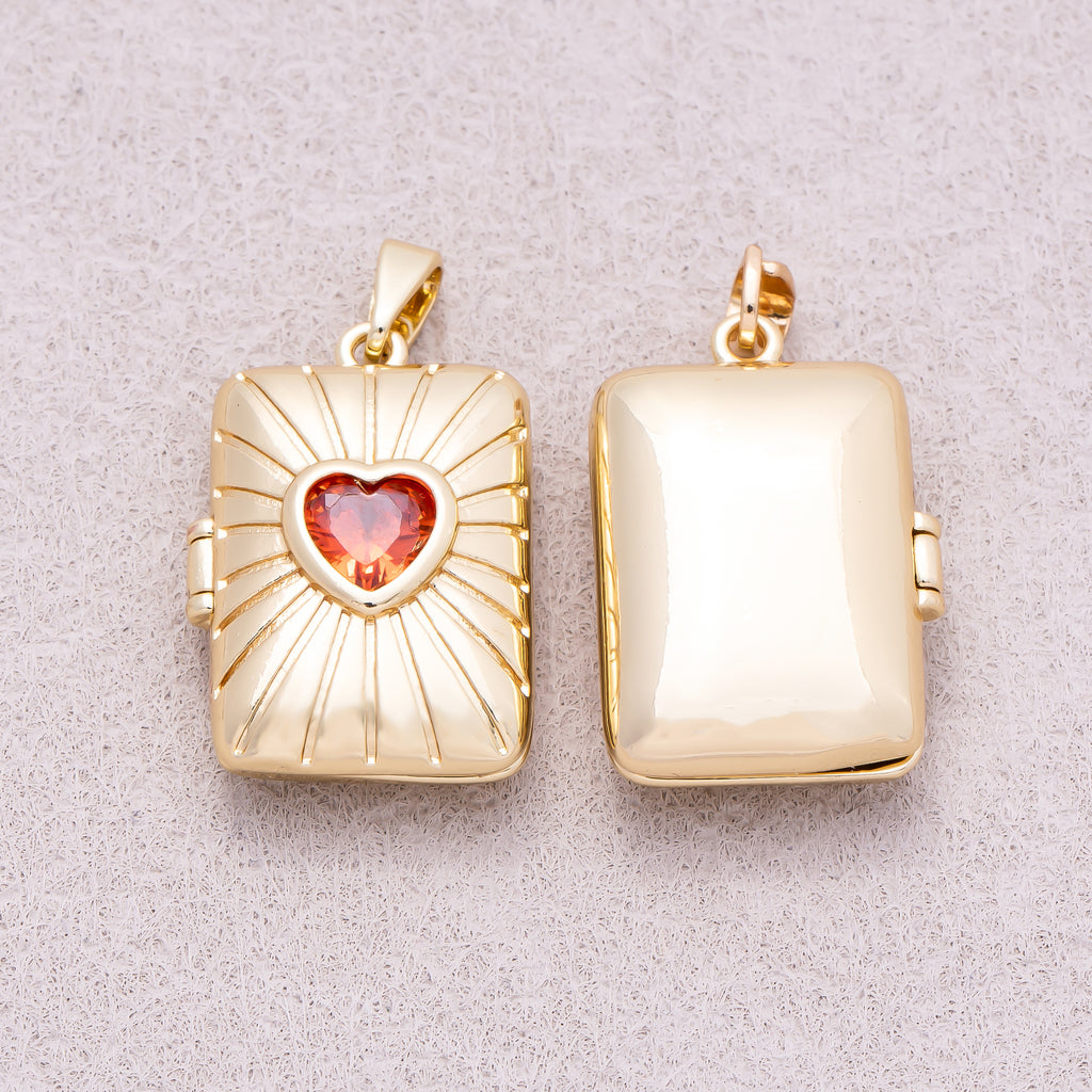 16K Gold Plated Red Heart CZ Sunrays Rectangular Open Locket Pendant - Sold Each