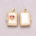 16K Gold Plated Red Heart CZ Sunrays Rectangular Open Locket Pendant - Sold Each