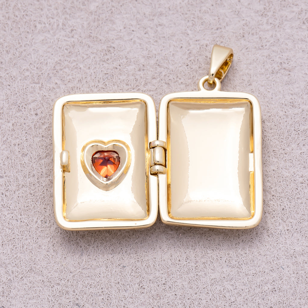 16K Gold Plated Red Heart CZ Sunrays Rectangular Open Locket Pendant - Sold Each
