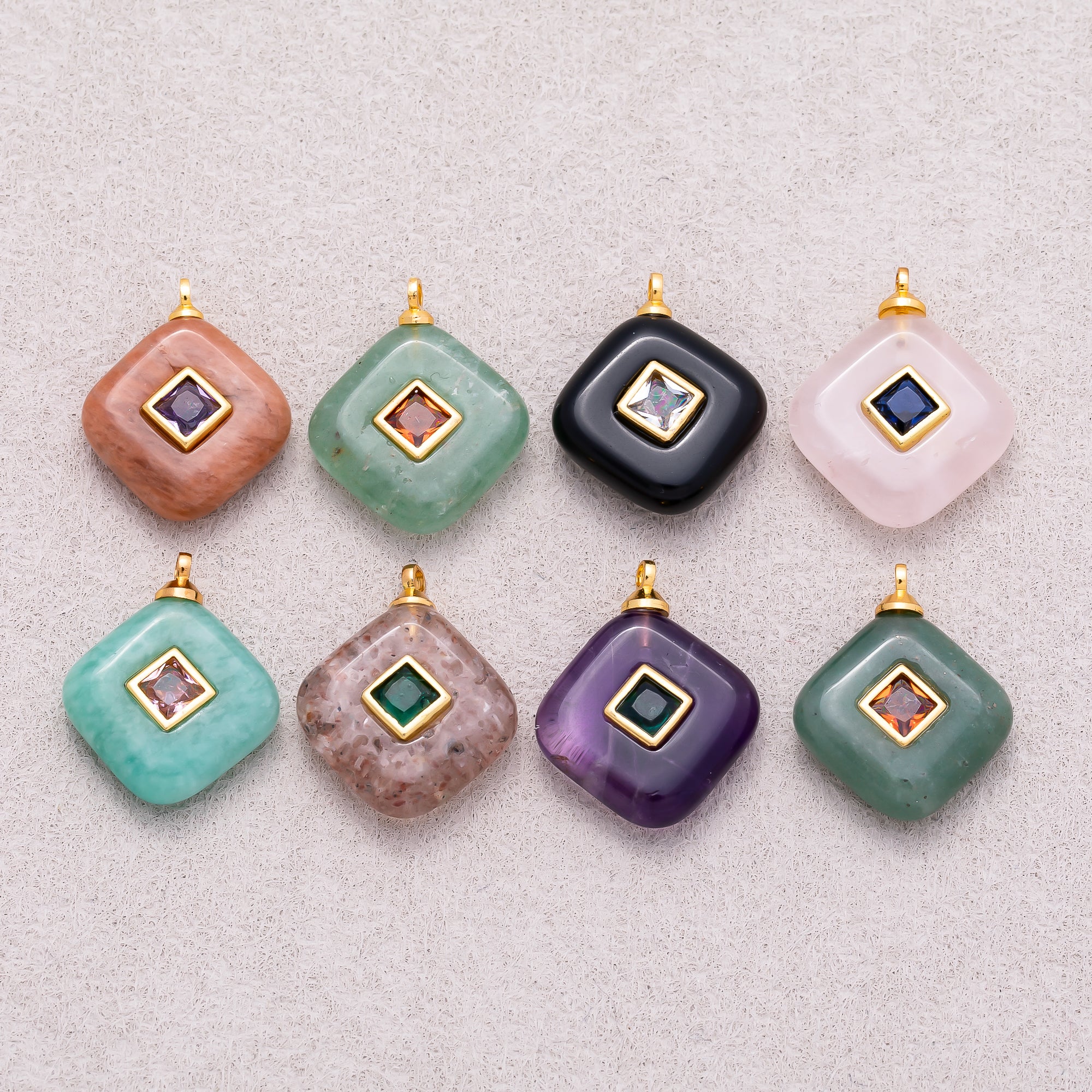 16K Gold Plated Multicolor Bezel set Natural Gemstone Rhombus Pendant - Sold Each