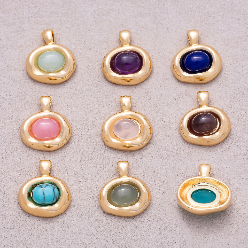 16K Gold Plated Colorful Natural Gemstone Irregular Oval Charm - Sold Each