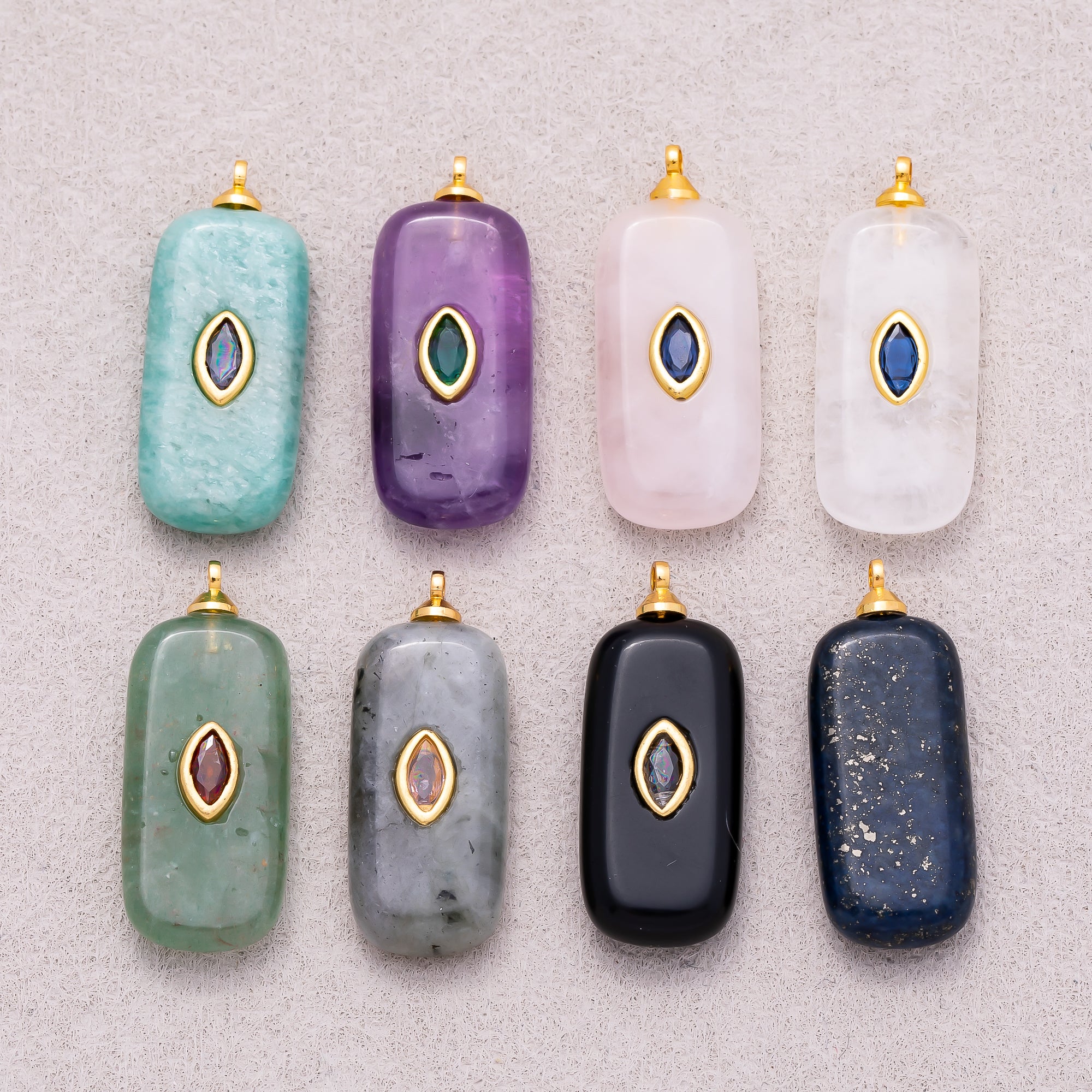 18K Gold Plated Multicolor Bezel set Natural Gemstone Rectangular Pendant - Sold Each